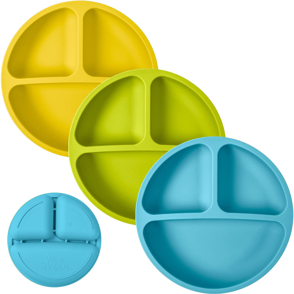 WeeSprout silicone plates 3-pack top view with divided sections for self-feeding.