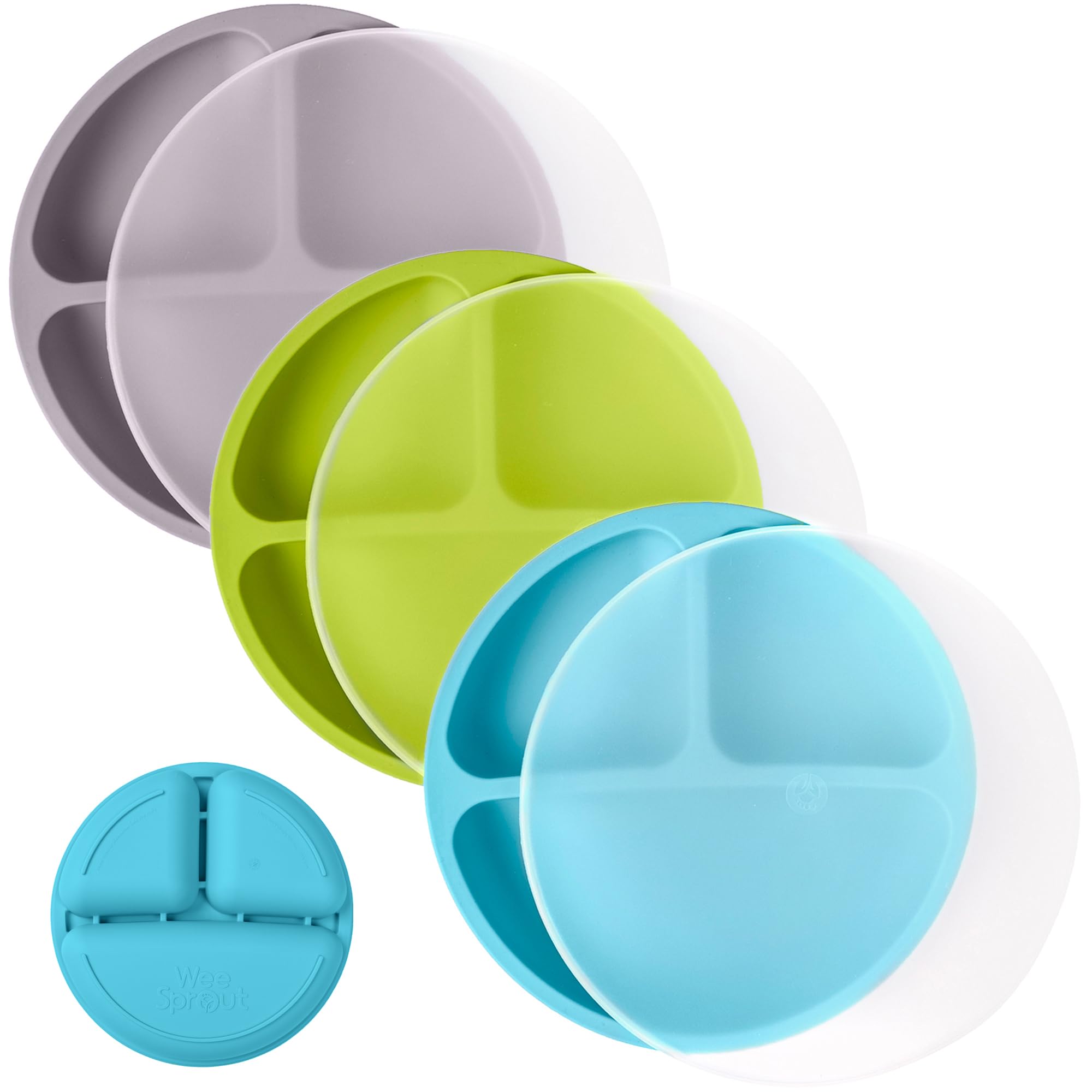 WeeSprout silicone plates 3-pack for toddler self-feeding and mess-free meals.