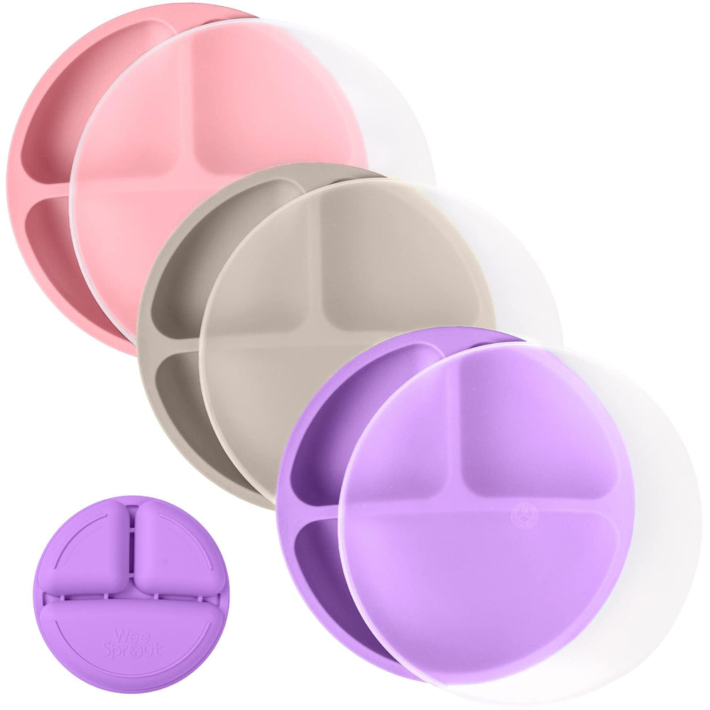 WeeSprout silicone plates 3-pack with divided design for easy meal portions.