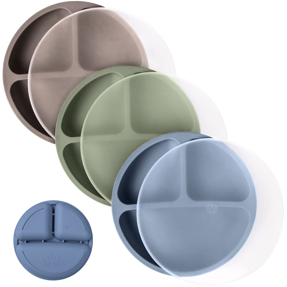 WeeSprout silicone plates with lids 3-pack, durable for mess-free meals.