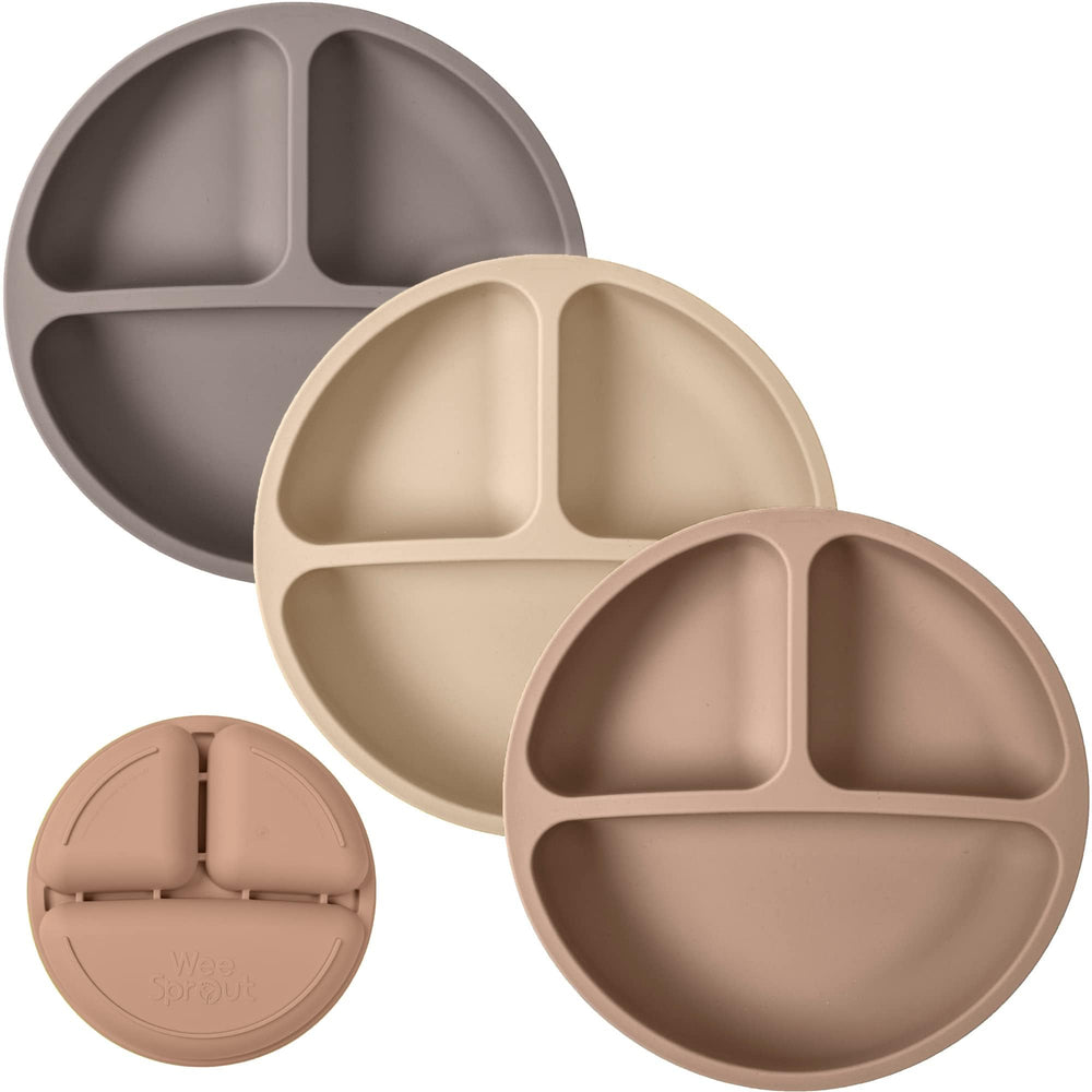 WeeSprout 3-pack silicone plates in multicolor for toddler self-feeding.