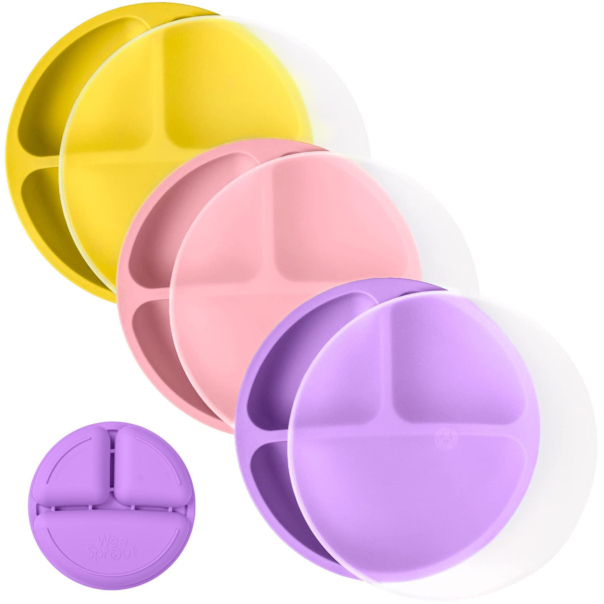 WeeSprout silicone plates with lids, 3-pack, for self-feeding.