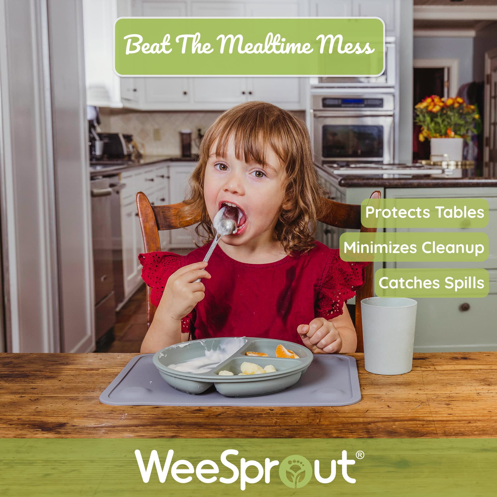 WeeSprout placemats with non-slip suction keeping dishes steady during meals