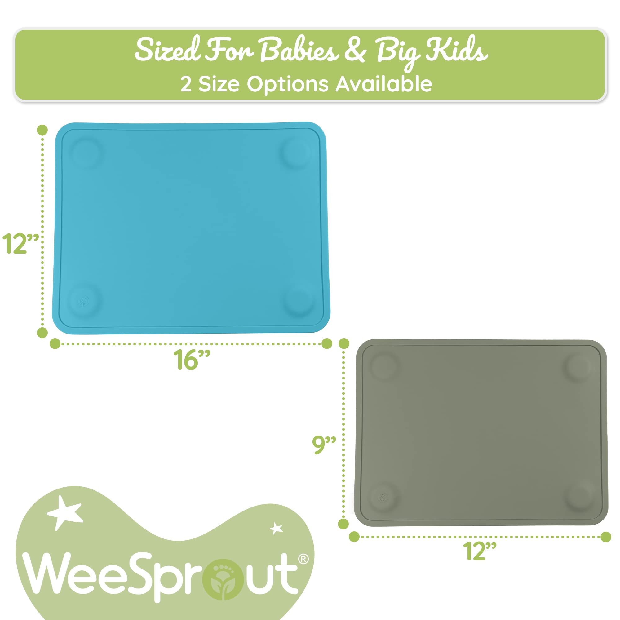 WeeSprout placemats with raised edges containing crumbs and spills