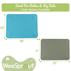 WeeSprout placemats with raised edges containing crumbs and spills