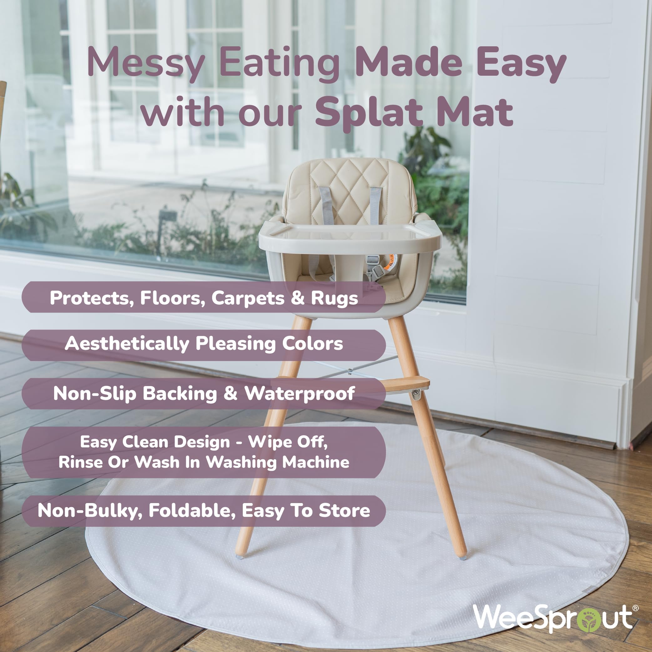 WeeSprout Splat Mat with slip-resistant backing prevents sliding during busy meals.