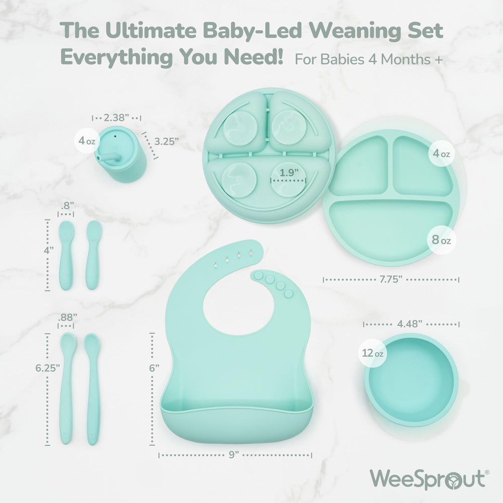 WeeSprout suction plate with lid keeps food in place for easier self-feeding.