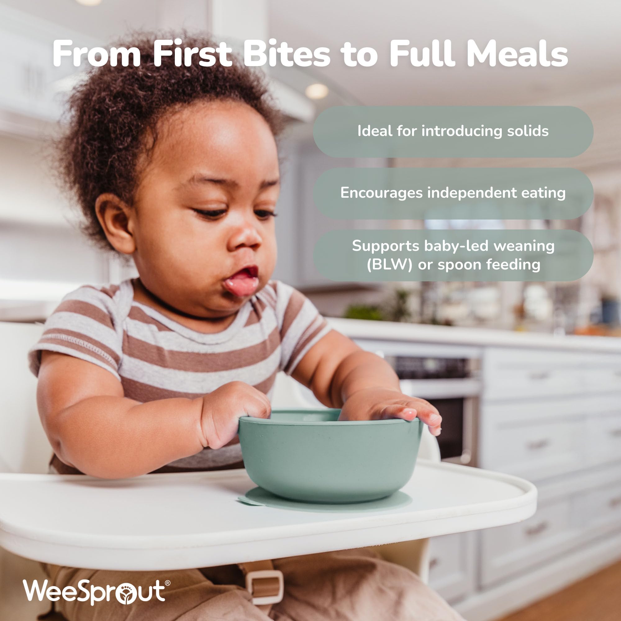 WeeSprout suction bowls on table enable stable, self-feeding meals.