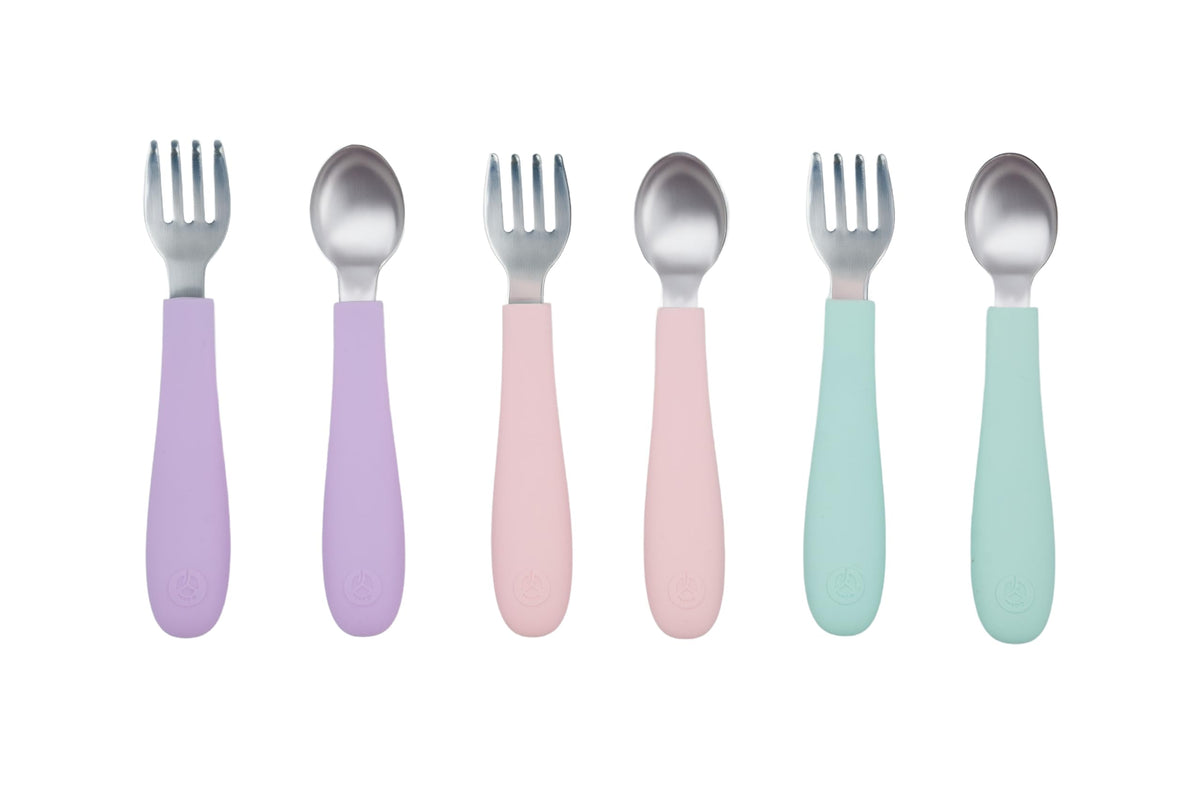 WeeSprout toddler utensils with three forks and three spoons for self-feeding.
