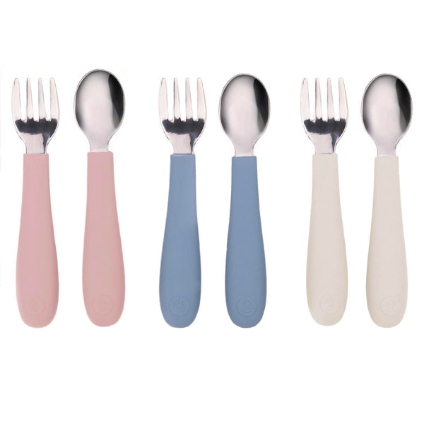 WeeSprout toddler utensils with 3 forks and 3 spoons for independent eating.