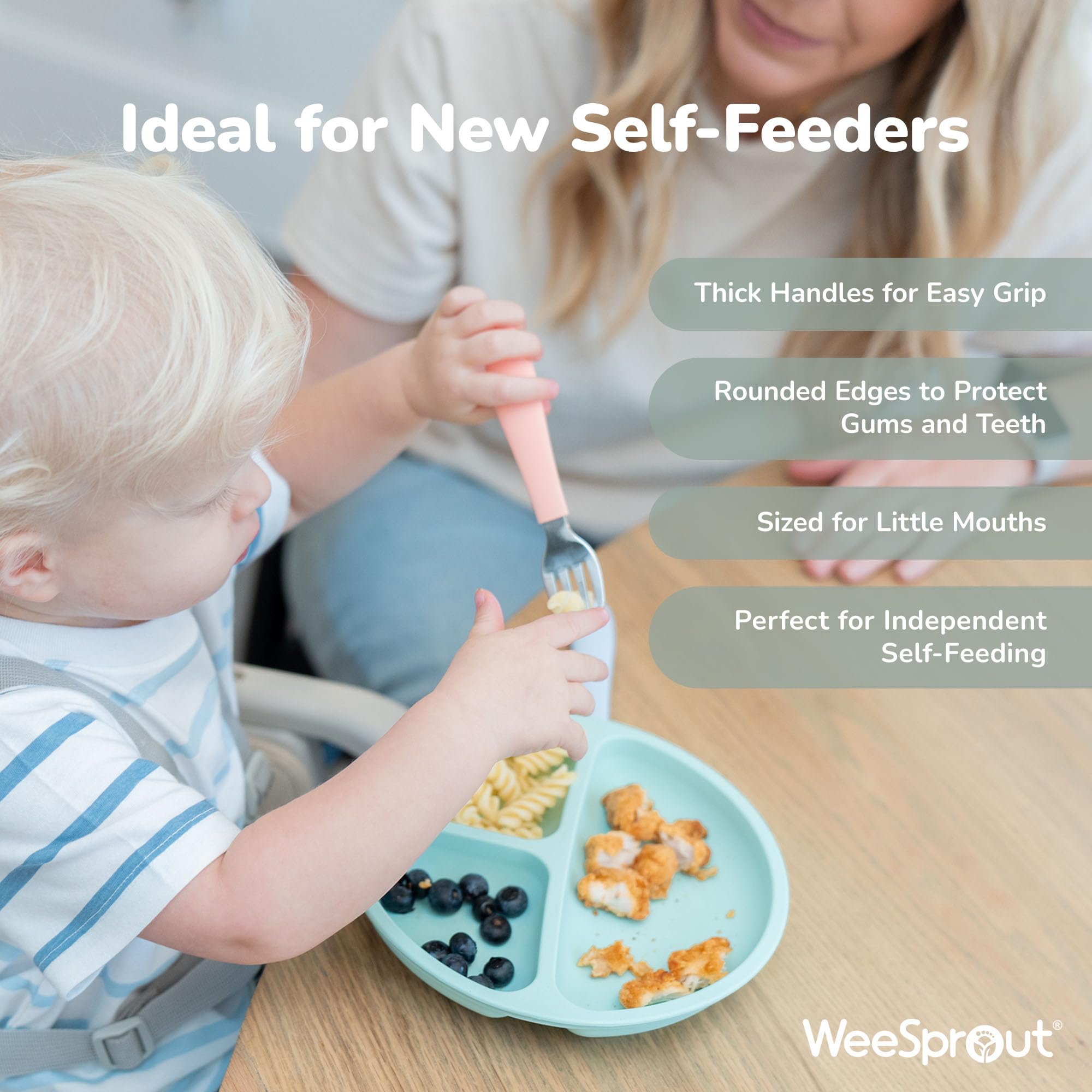 WeeSprout silicone handle close-up, BPA-free and food-grade material visible.