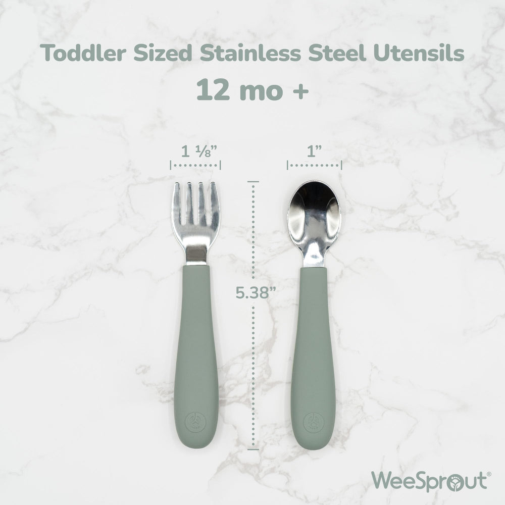 WeeSprout utensils with soft silicone handles, comfortable grip for little eaters