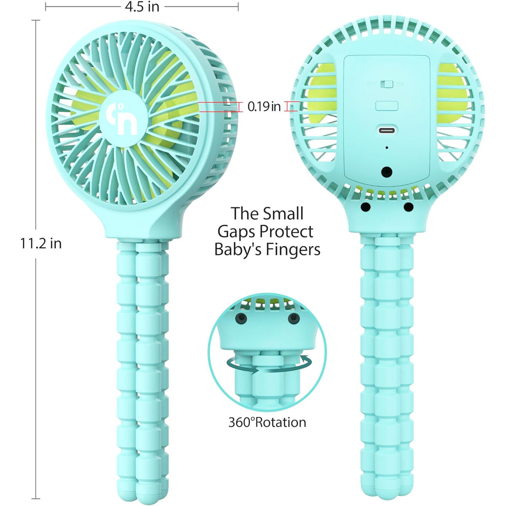 WEGA stroller fan with finger guard prevents curious fingers from reaching blades.