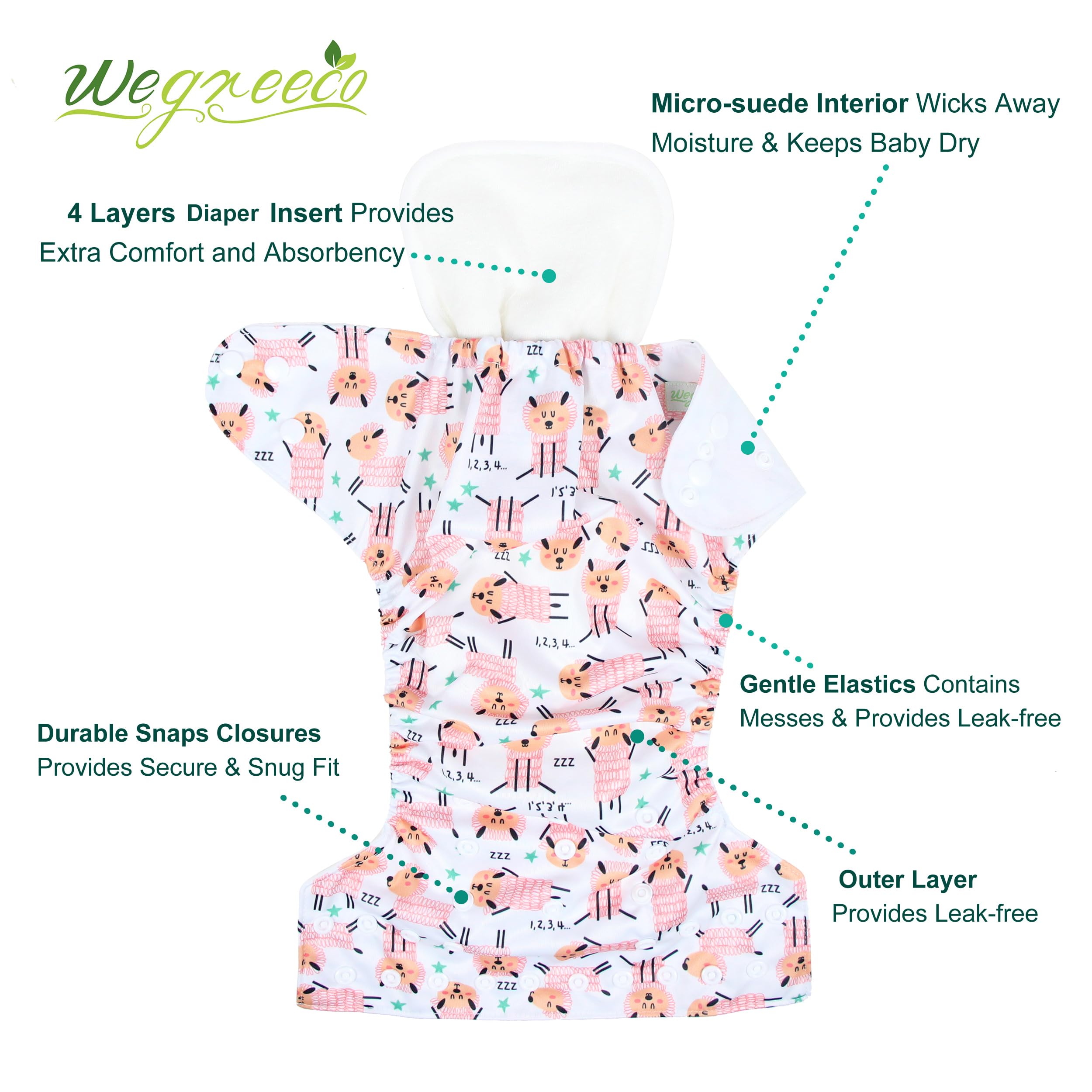 Wegreeco cloth diapers with six inserts, six-pack for quick changes and reliable absorption.