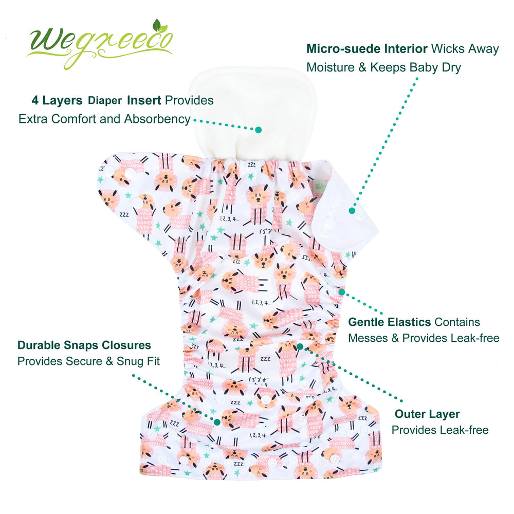 Wegreeco cloth diapers with six inserts, six-pack for quick changes and reliable absorption.