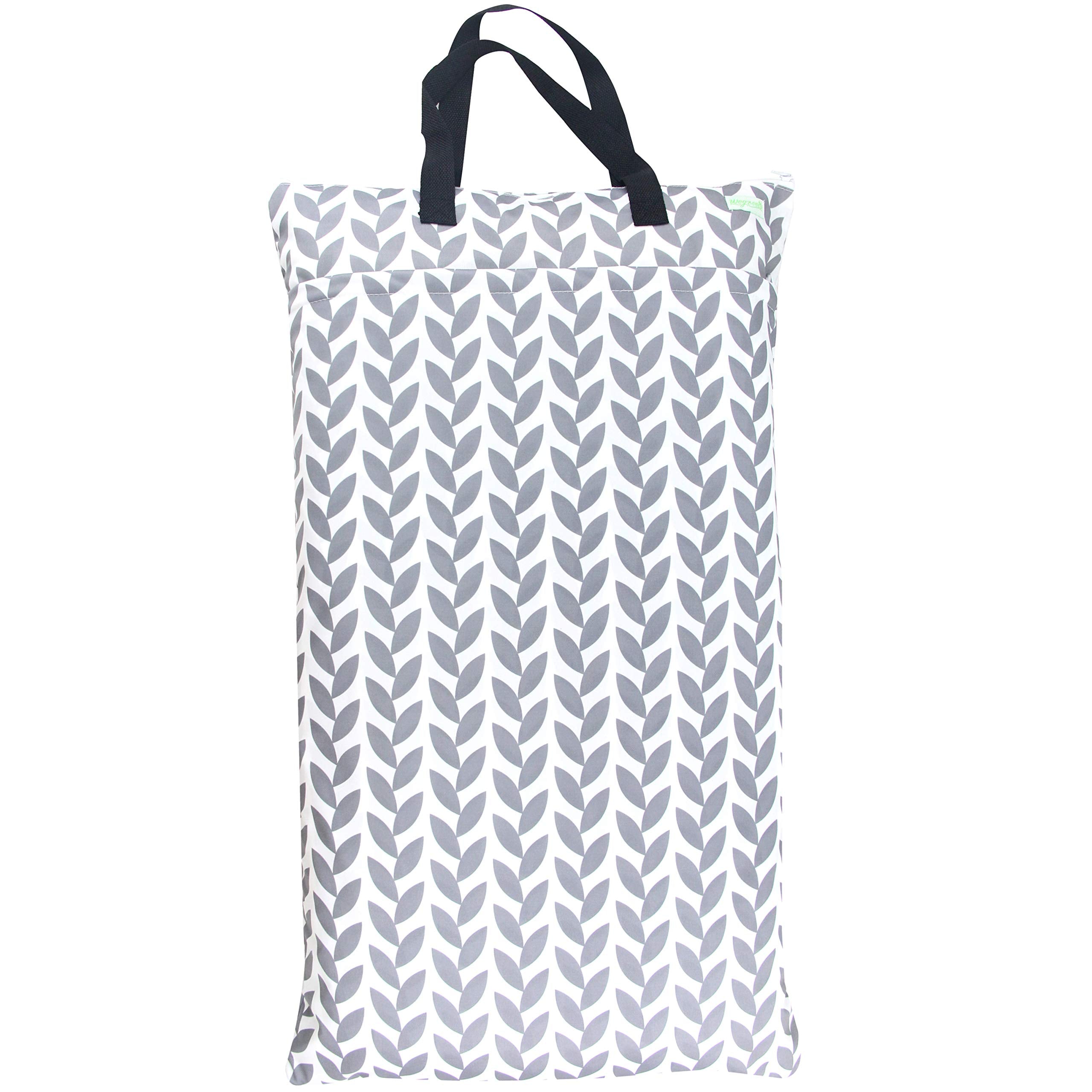 Wegreeco hanging bag in grey leaf design, front view, spacious for cloth diapers on the go.