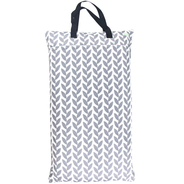 Wegreeco hanging bag in grey leaf design, front view, spacious for cloth diapers on the go.