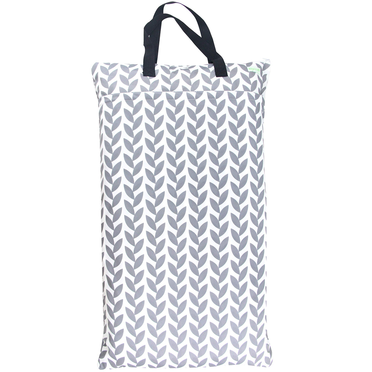 Wegreeco hanging bag in grey leaf design, front view, spacious for cloth diapers on the go.