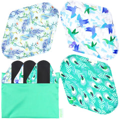 Wegreeco reusable pads in Peacock print pack, compact and ready for daily wear.
