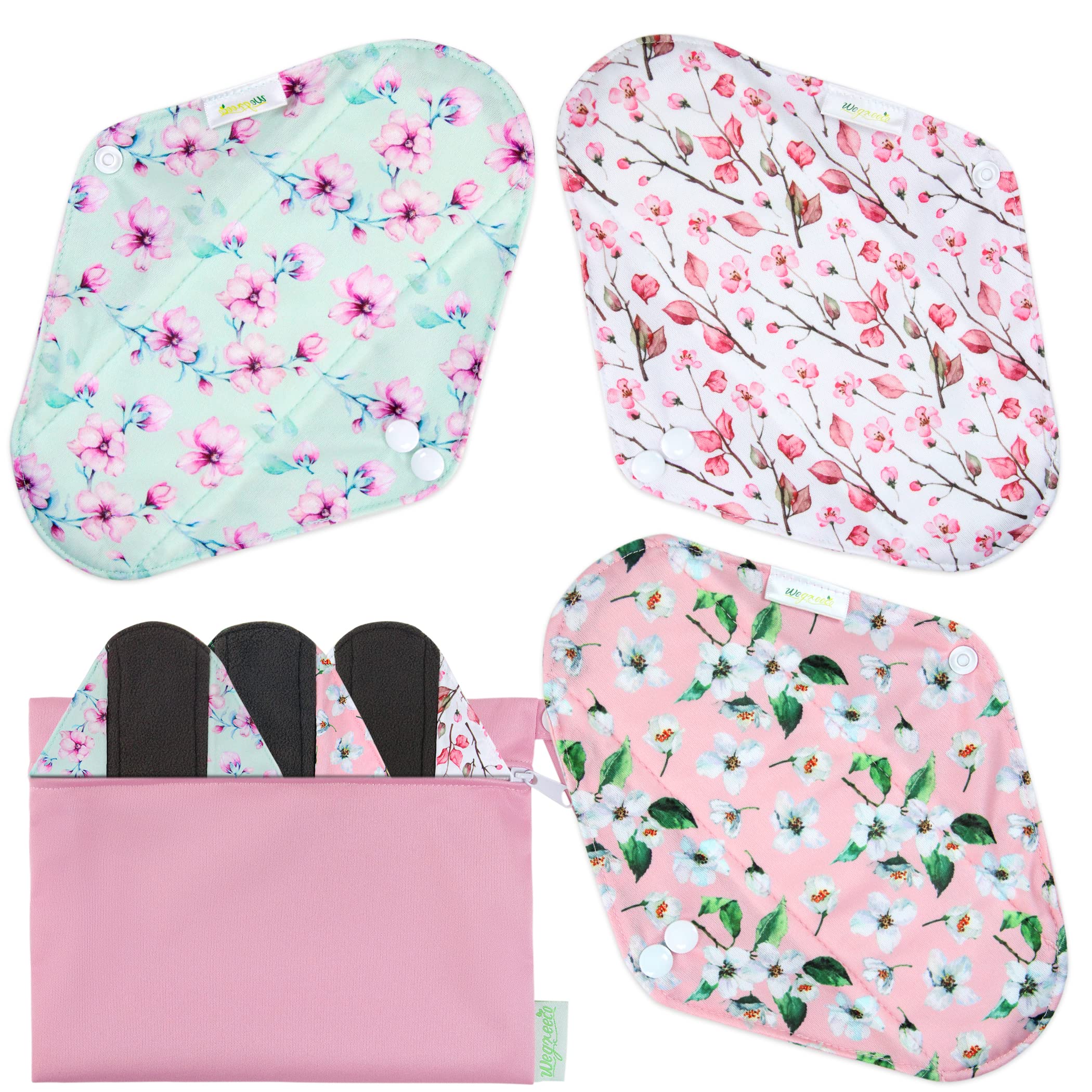 Wegreeco Charcoal Reusable Pads with cherry blossoms print for comfortable daily protection.