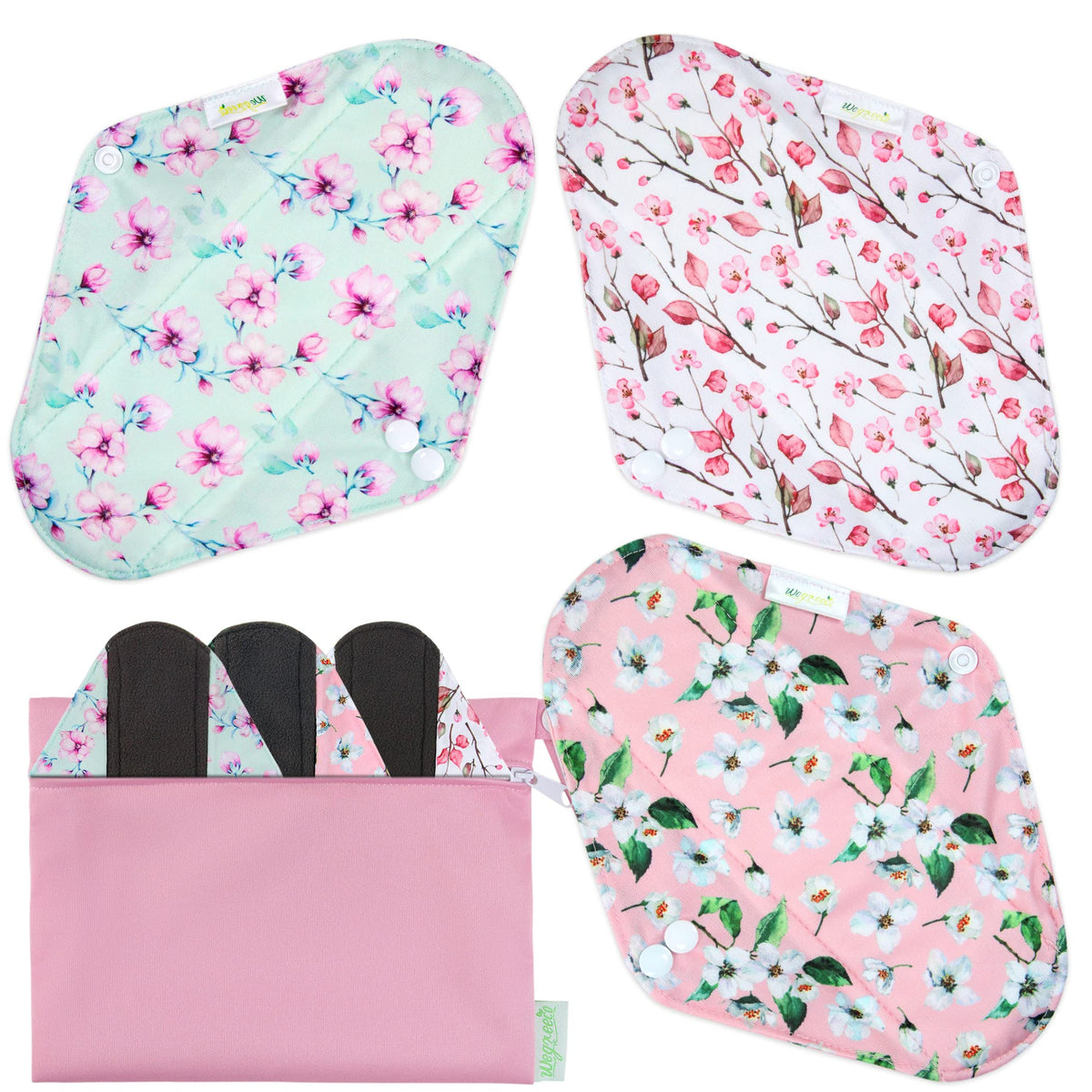 Wegreeco Charcoal Reusable Pads with cherry blossoms print for comfortable daily protection.