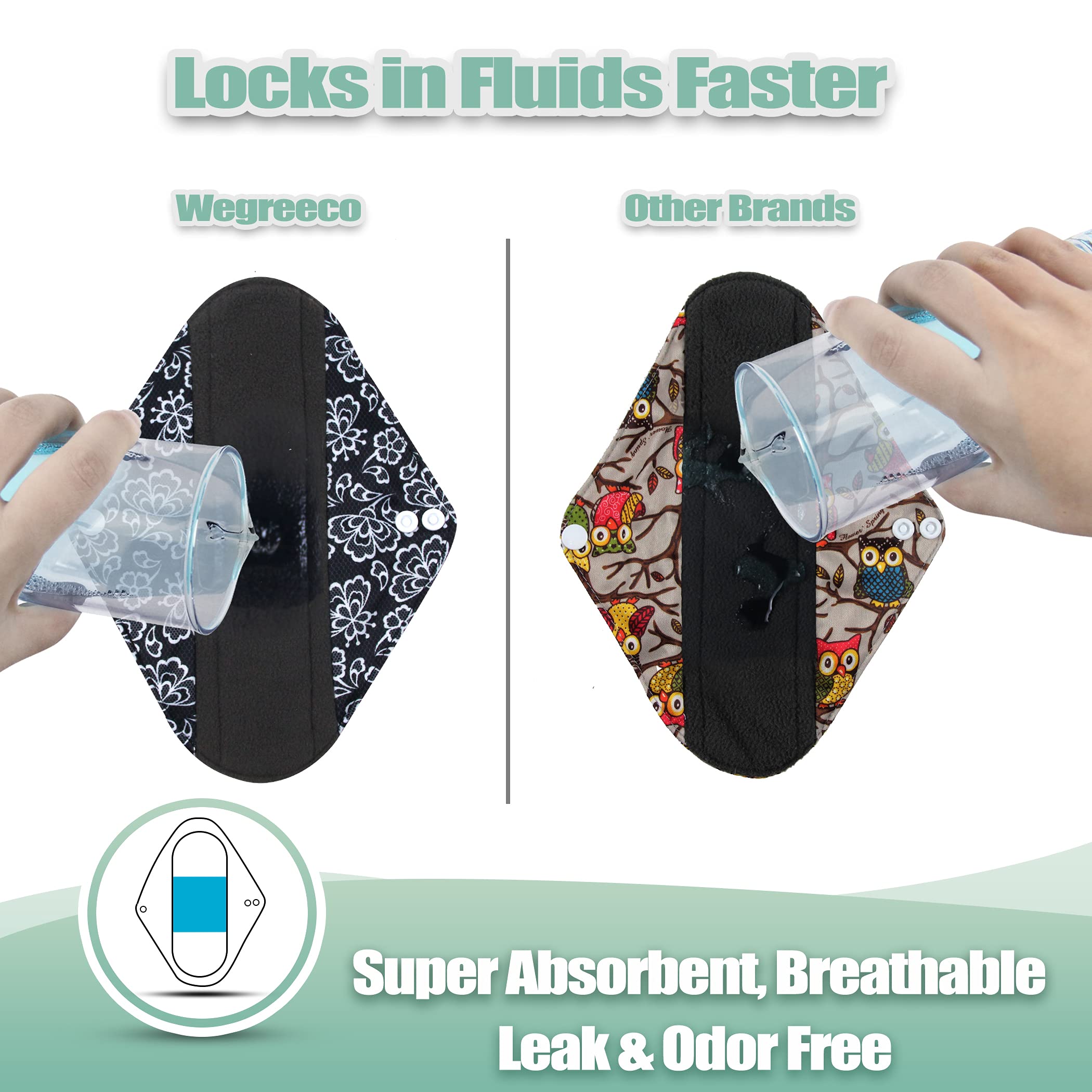 Wegreeco charcoal reusable pads with snaps for secure fit around underwear.