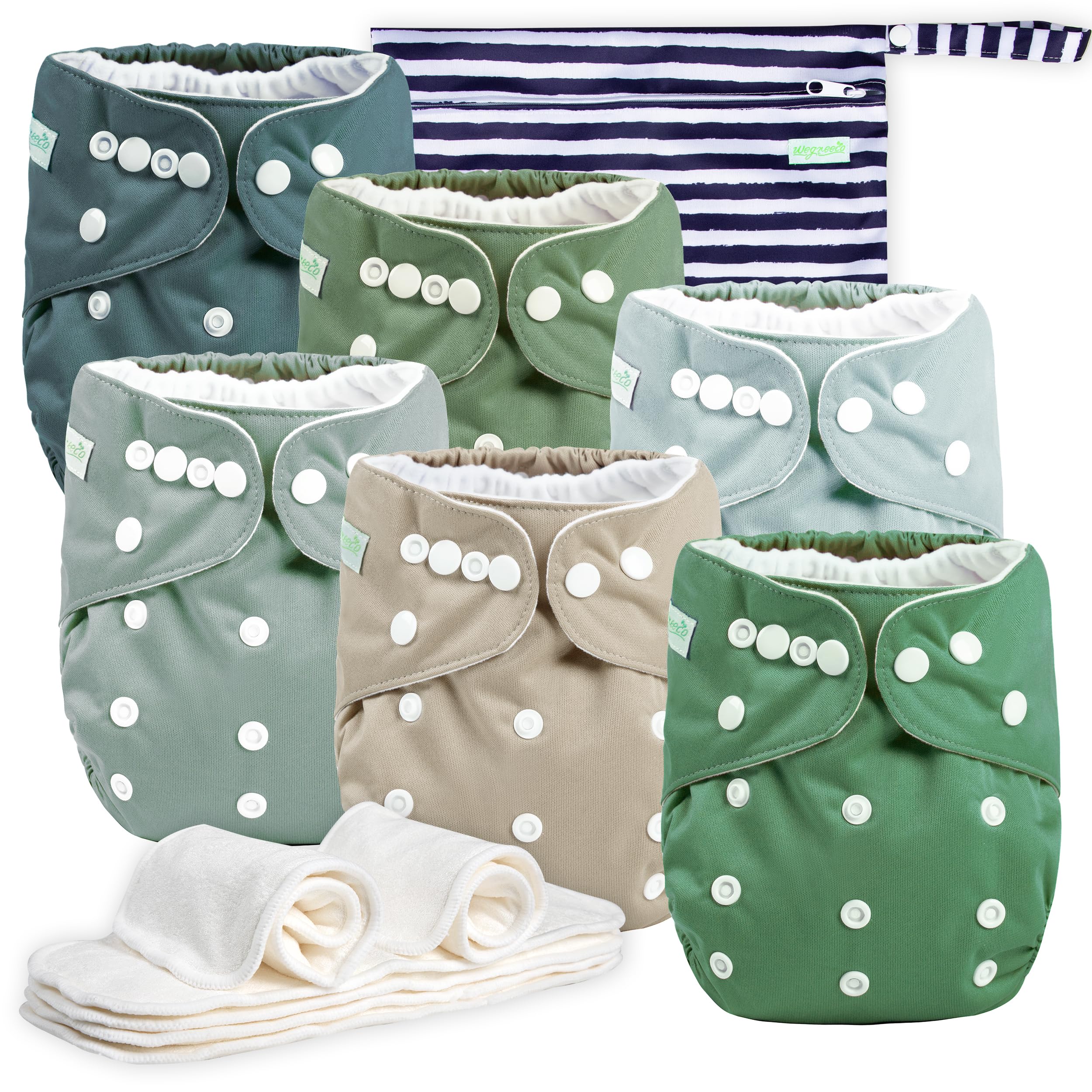 Wegreeco cloth diapers six-pack showing newborn-ready protection and patterns