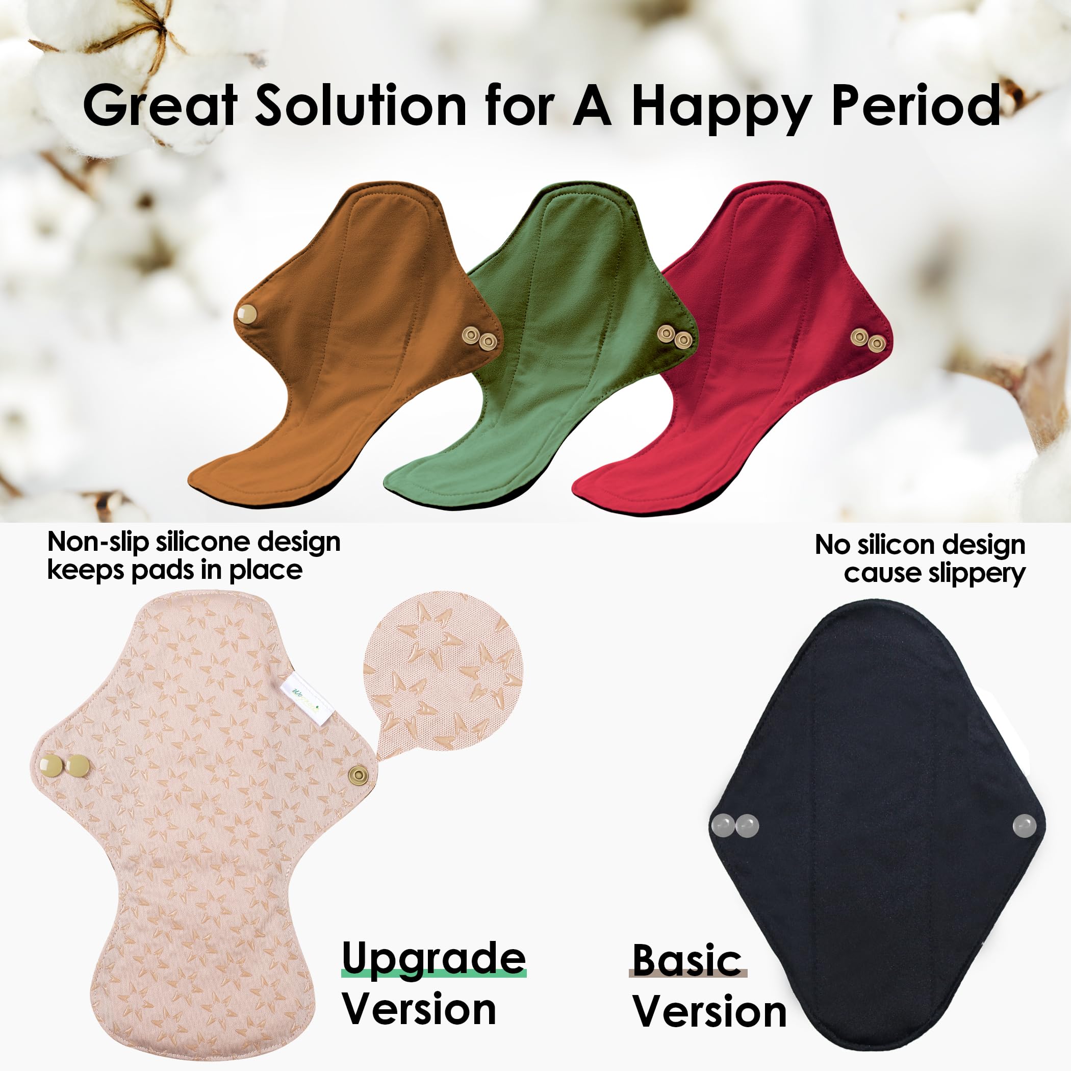 Wegreeco multi-use pads suitable for heavy flow, postnatal care, and light incontinence.