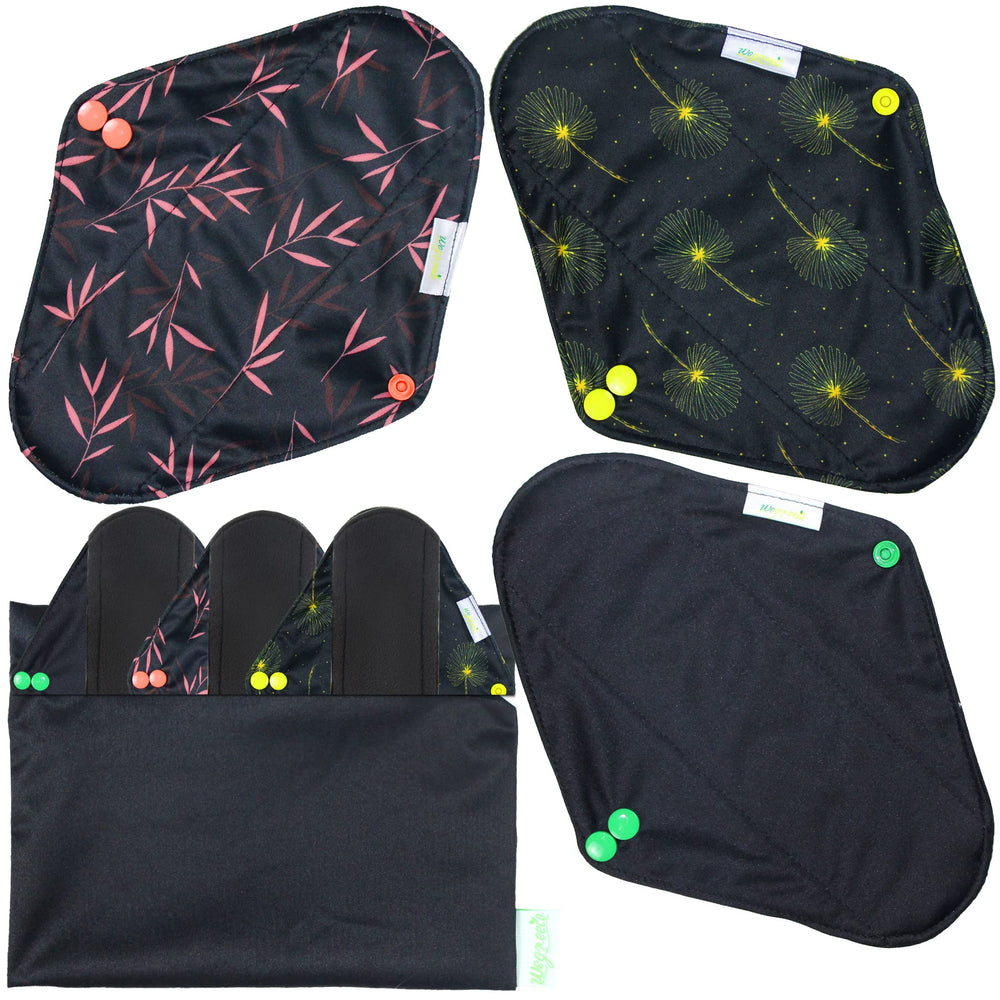 Wegreeco reusable pads 6-pack on display showing size variety for daily use