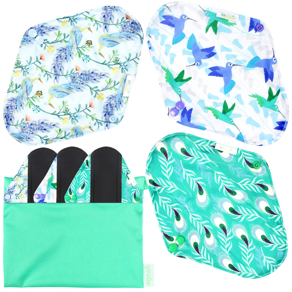 Wegreeco reusable pads with peacock outer print for leak protection and daily comfort.