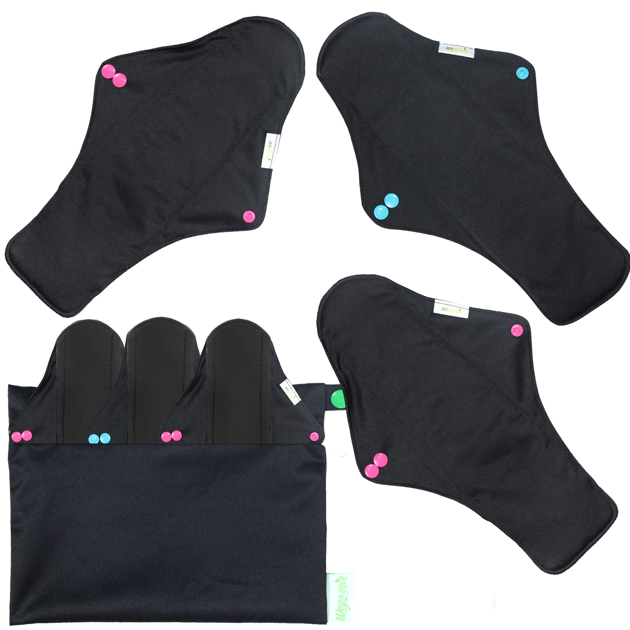 Wegreeco reusable pads six-pack flat lay for daily and overnight protection.