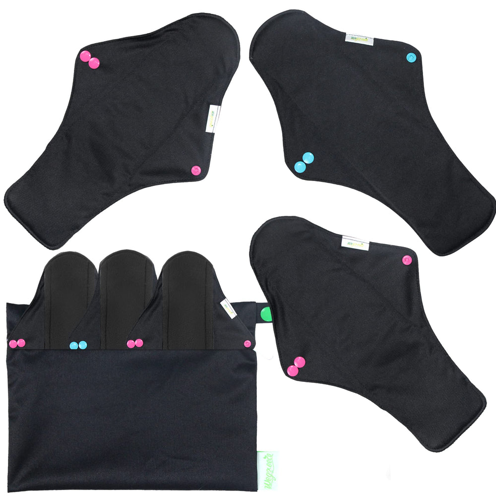 Wegreeco reusable pads six-pack flat lay for daily and overnight protection.