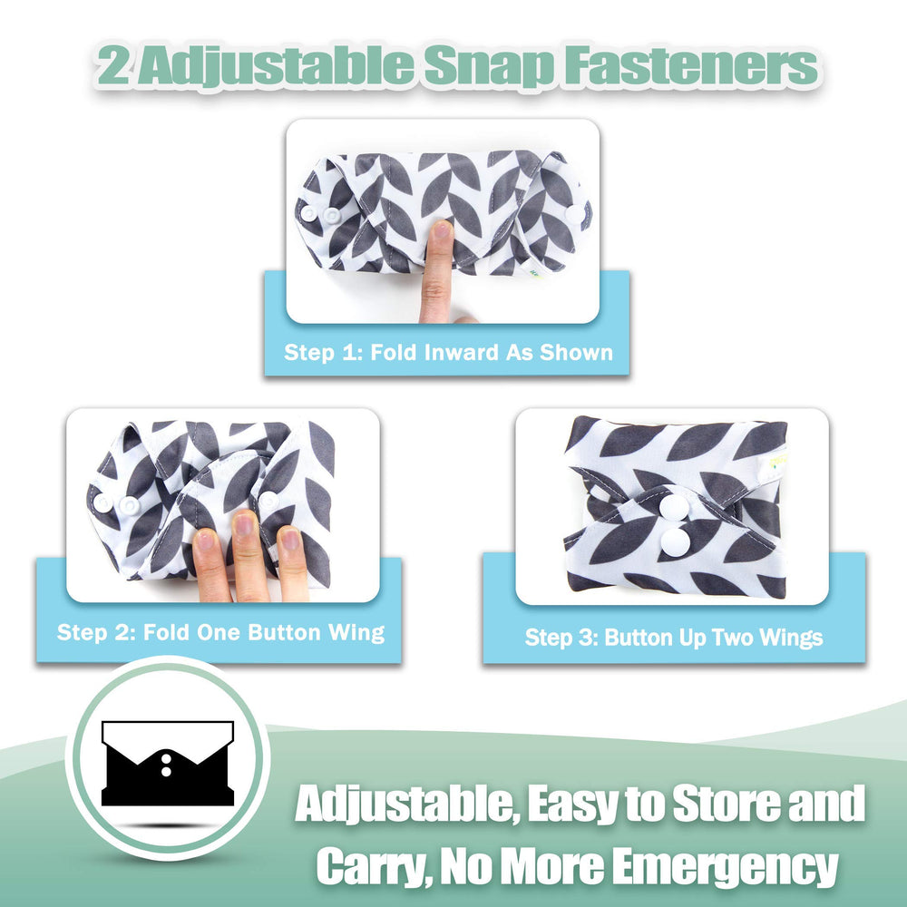 Wegreeco reusable pads two-snaps design shown for secure underwear attachment