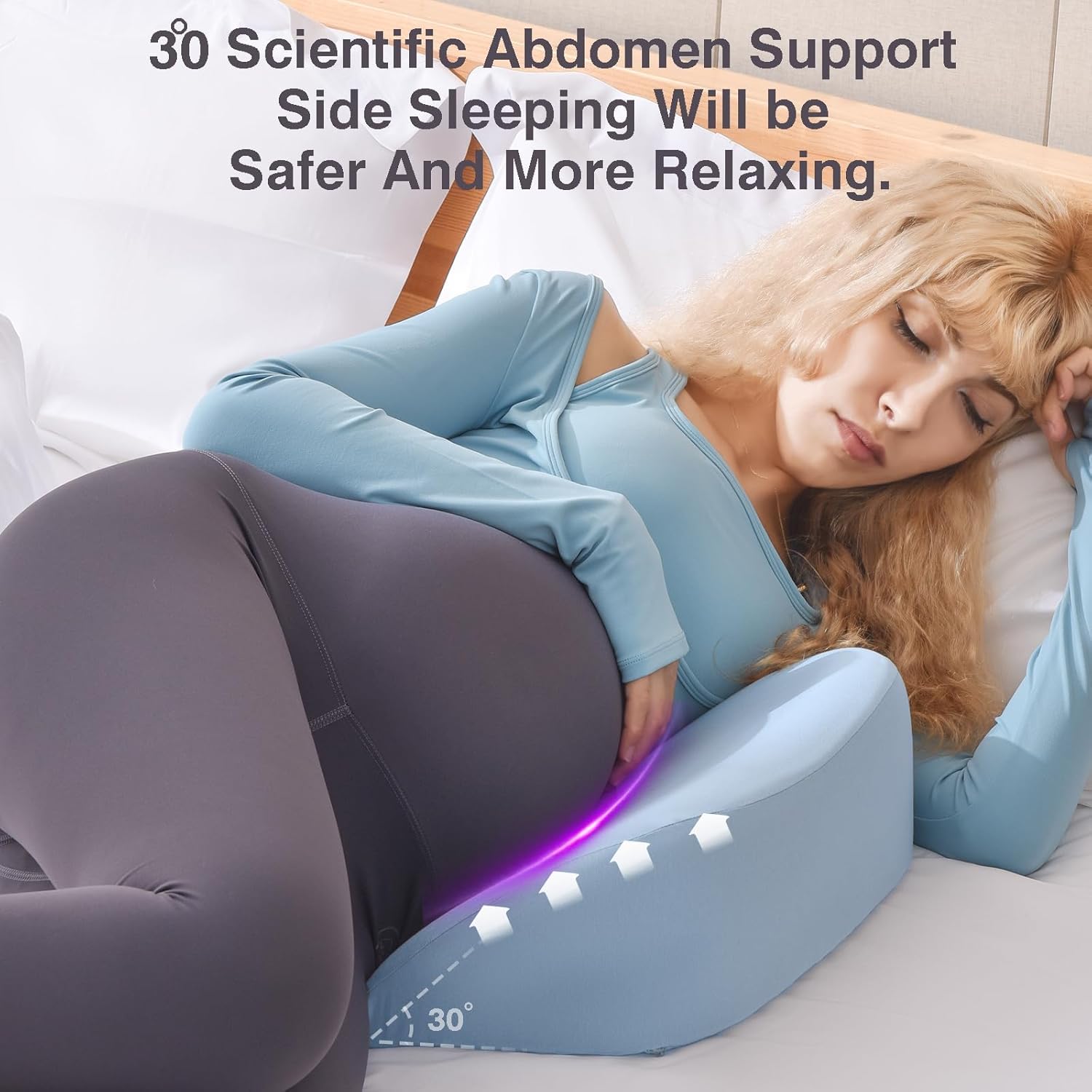WEIKA pregnancy pillow shows 30 degree wedge for optimal side sleeping