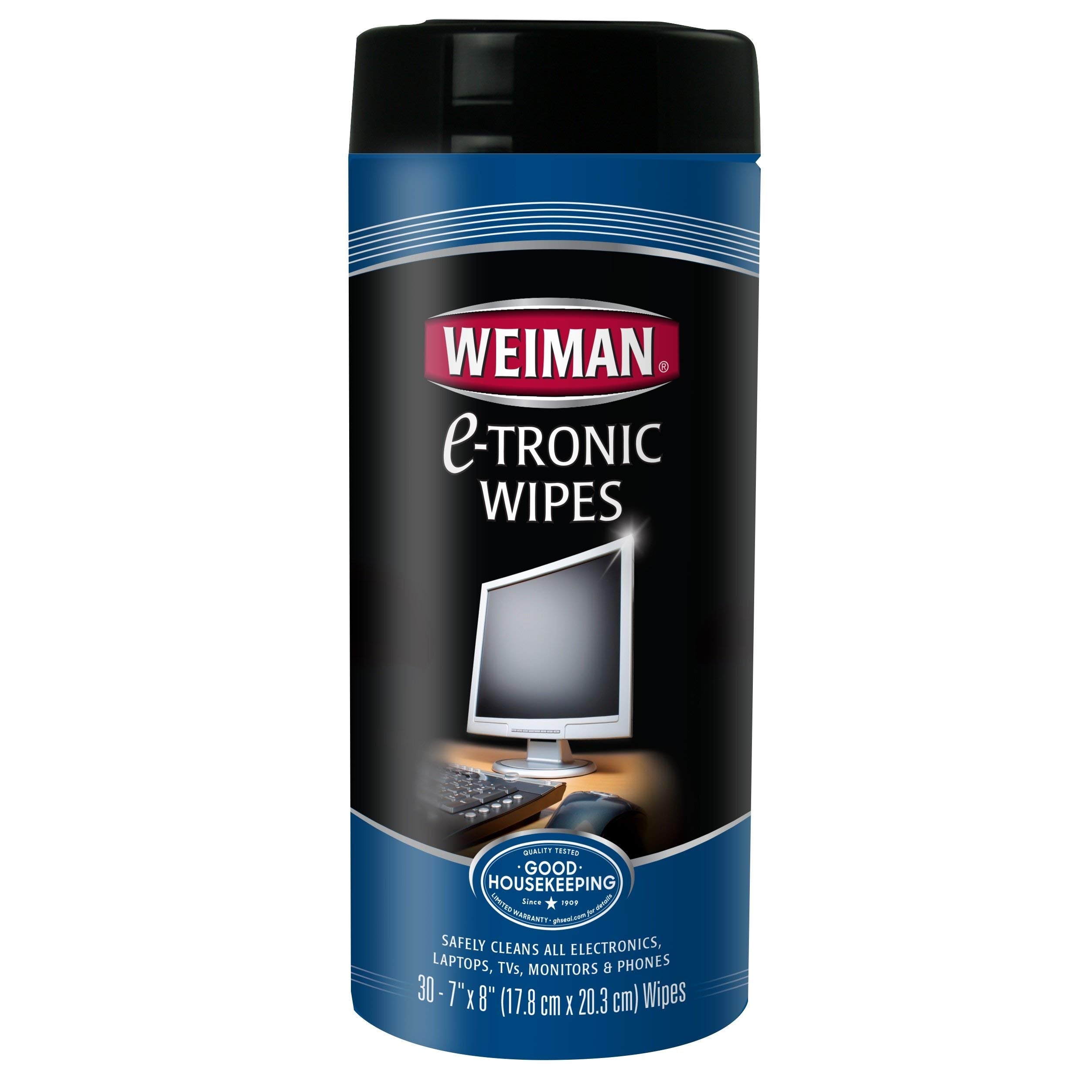Weiman electronic wipes canister 30-count closeup removes fingerprints from screens.
