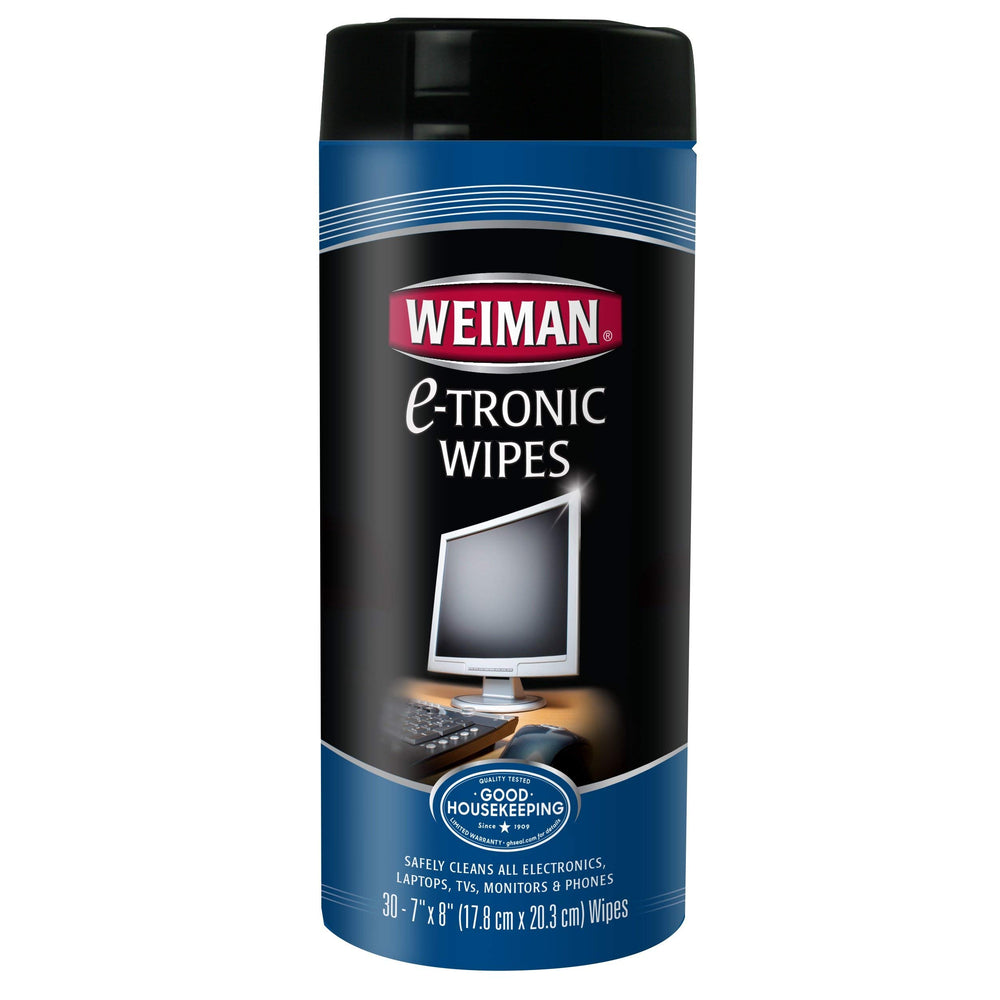 Weiman electronic wipes canister 30-count closeup removes fingerprints from screens.
