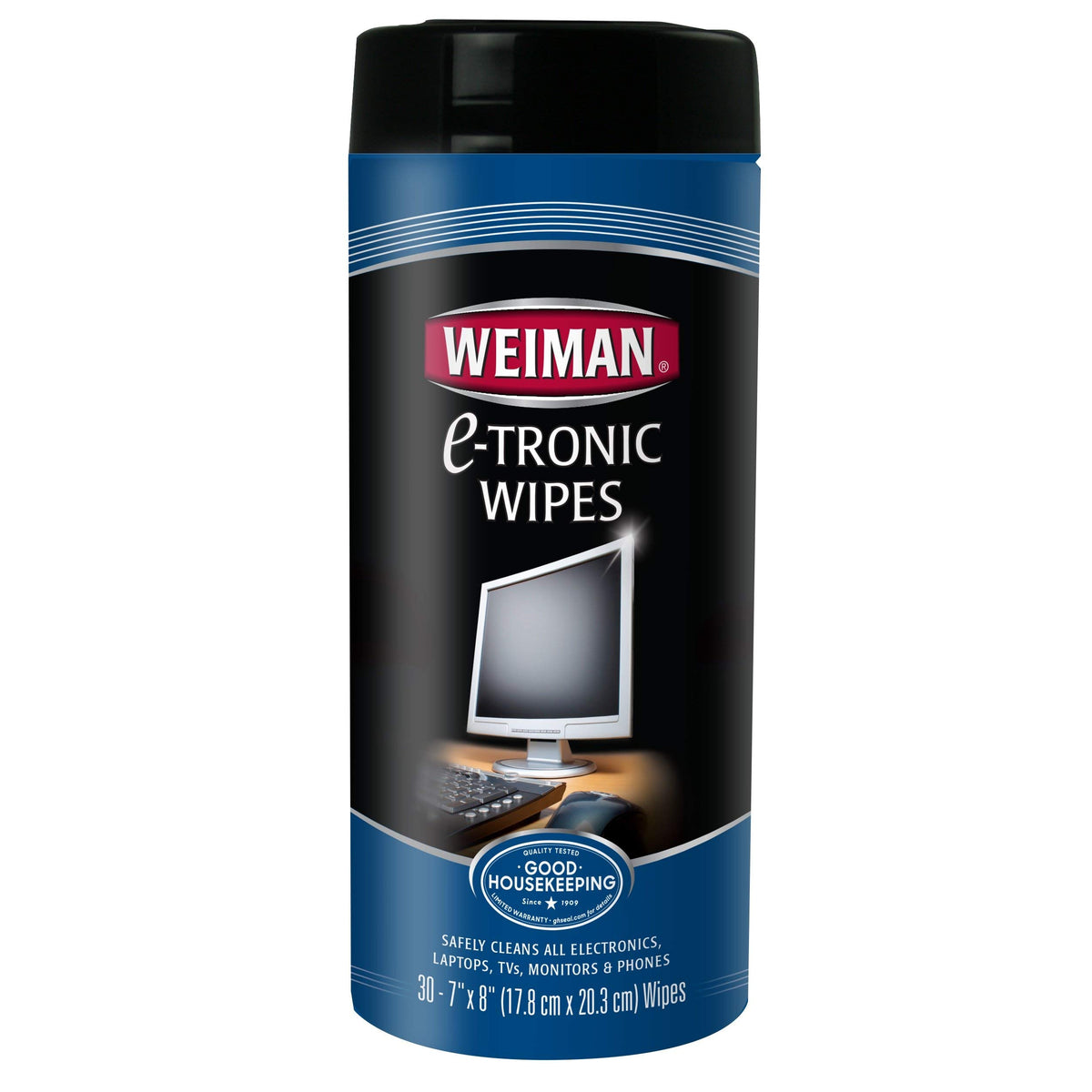 Weiman electronic wipes canister 30-count closeup removes fingerprints from screens.