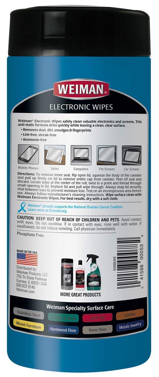 Weiman electronic wipes canister 30-count dispensing action shows quick lint-free surface cleaning.