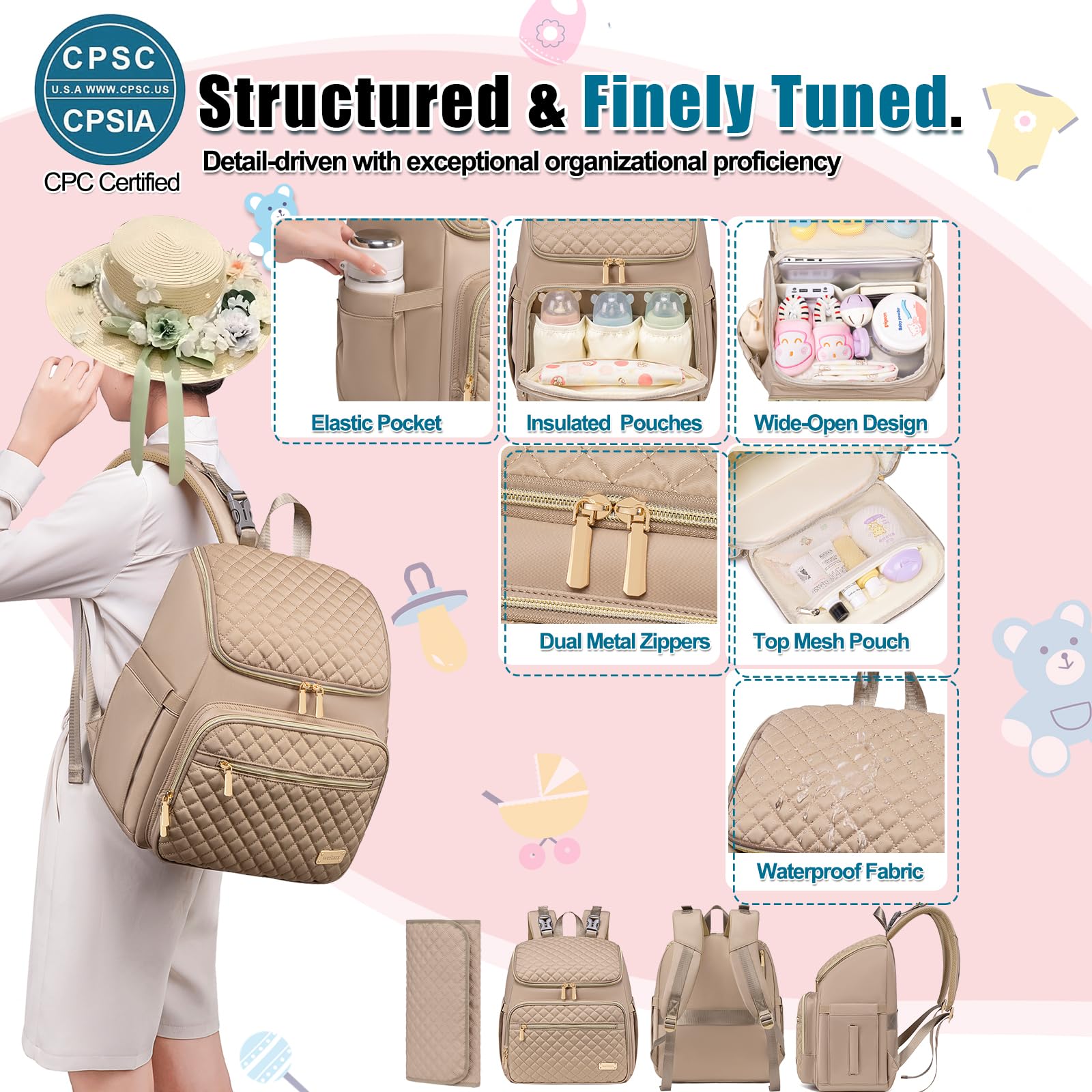 Weitars diaper bag has a waterproof interior to protect contents from spills.