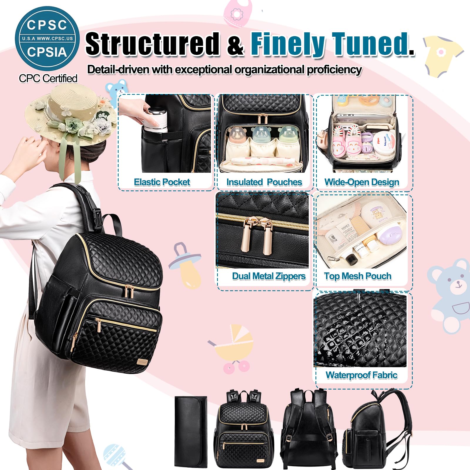 Weitars diaper bag backpack anti-theft back pocket secures valuables.