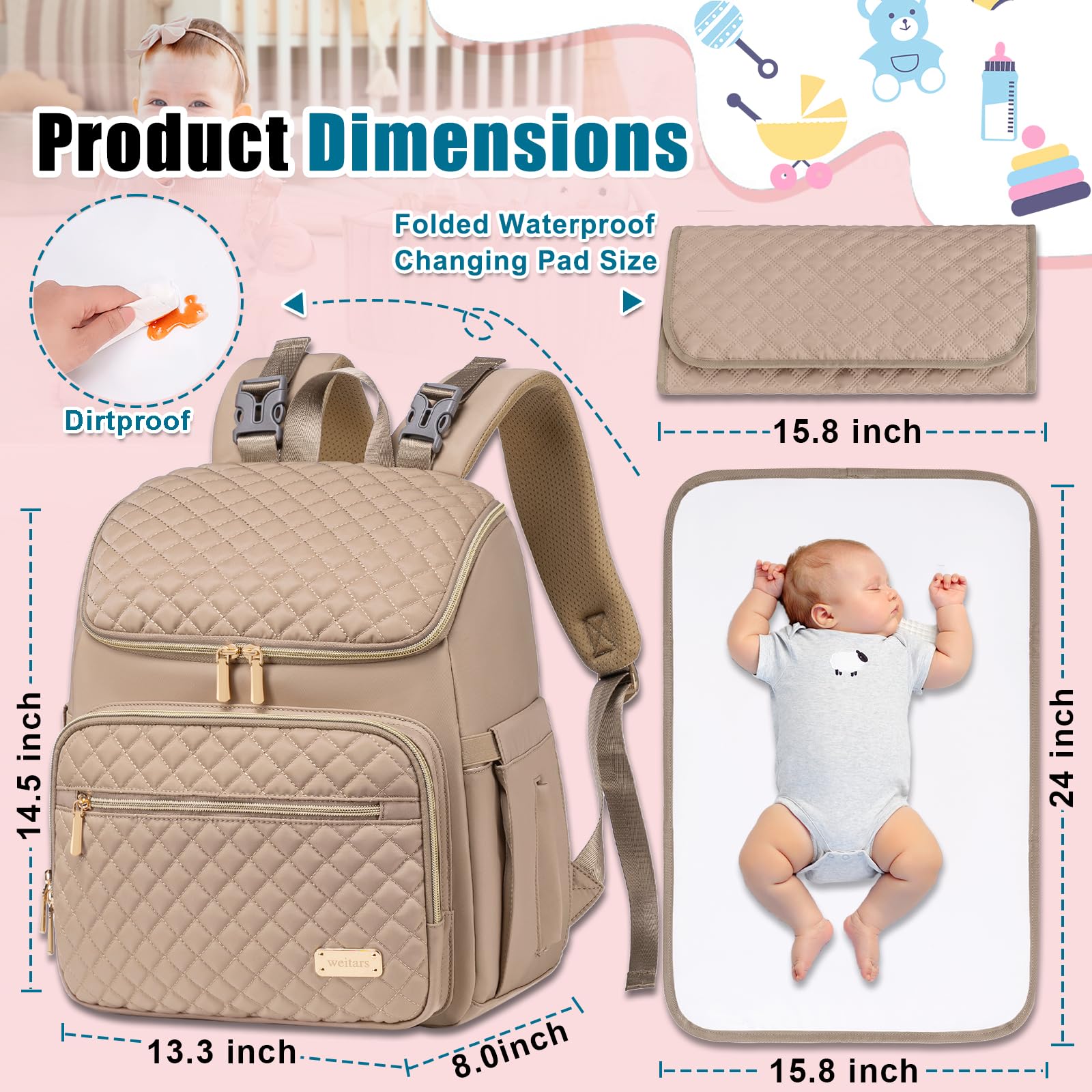 Weitars diaper bag features five insulated pockets to keep bottles at the right temperature.