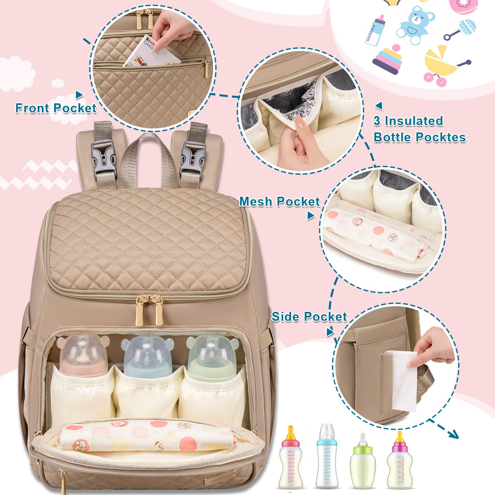 Weitars diaper bag includes stroller straps for hands-free transport during outings.