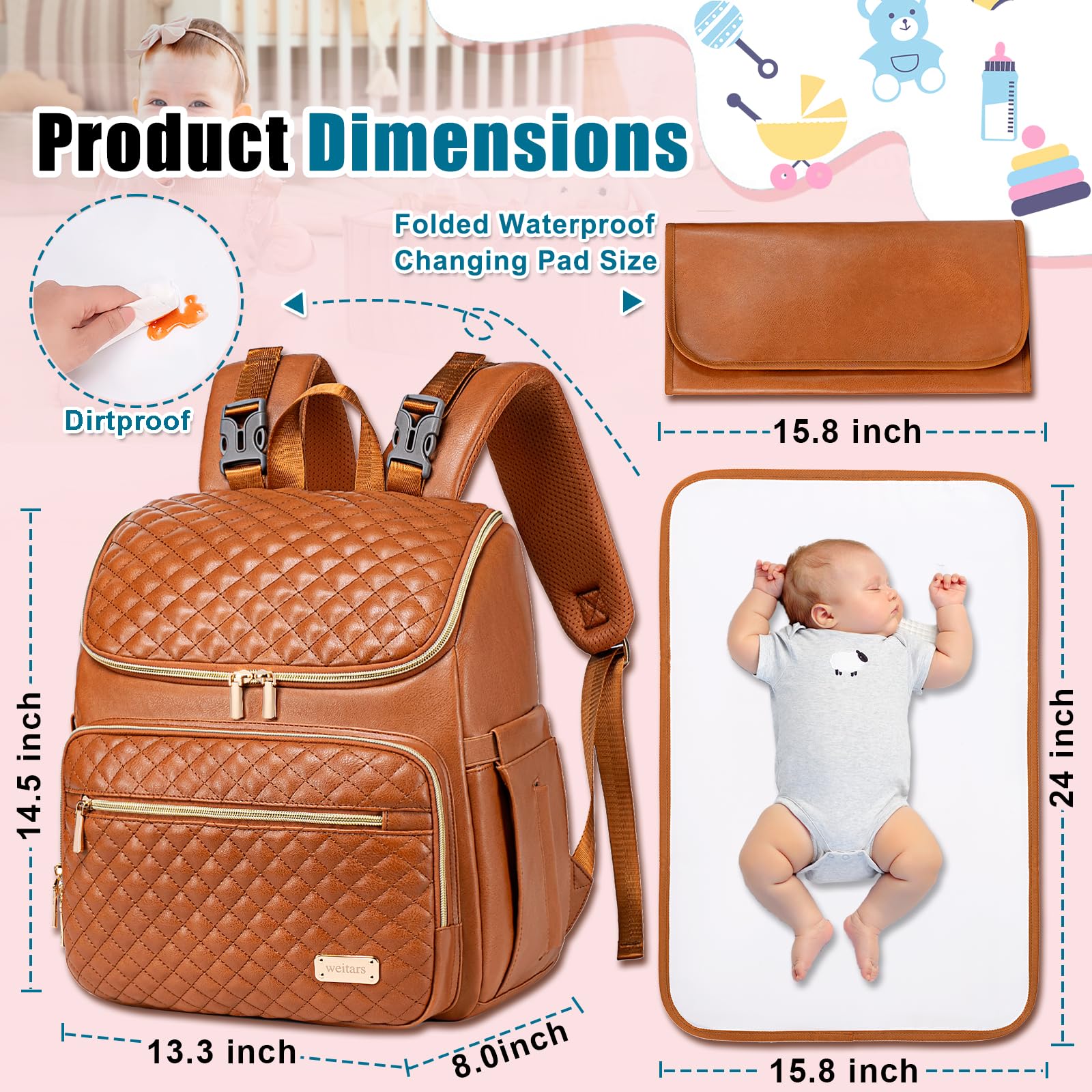 Weitars leather diaper bag backpack back strap view showing hands-free portability for travel.