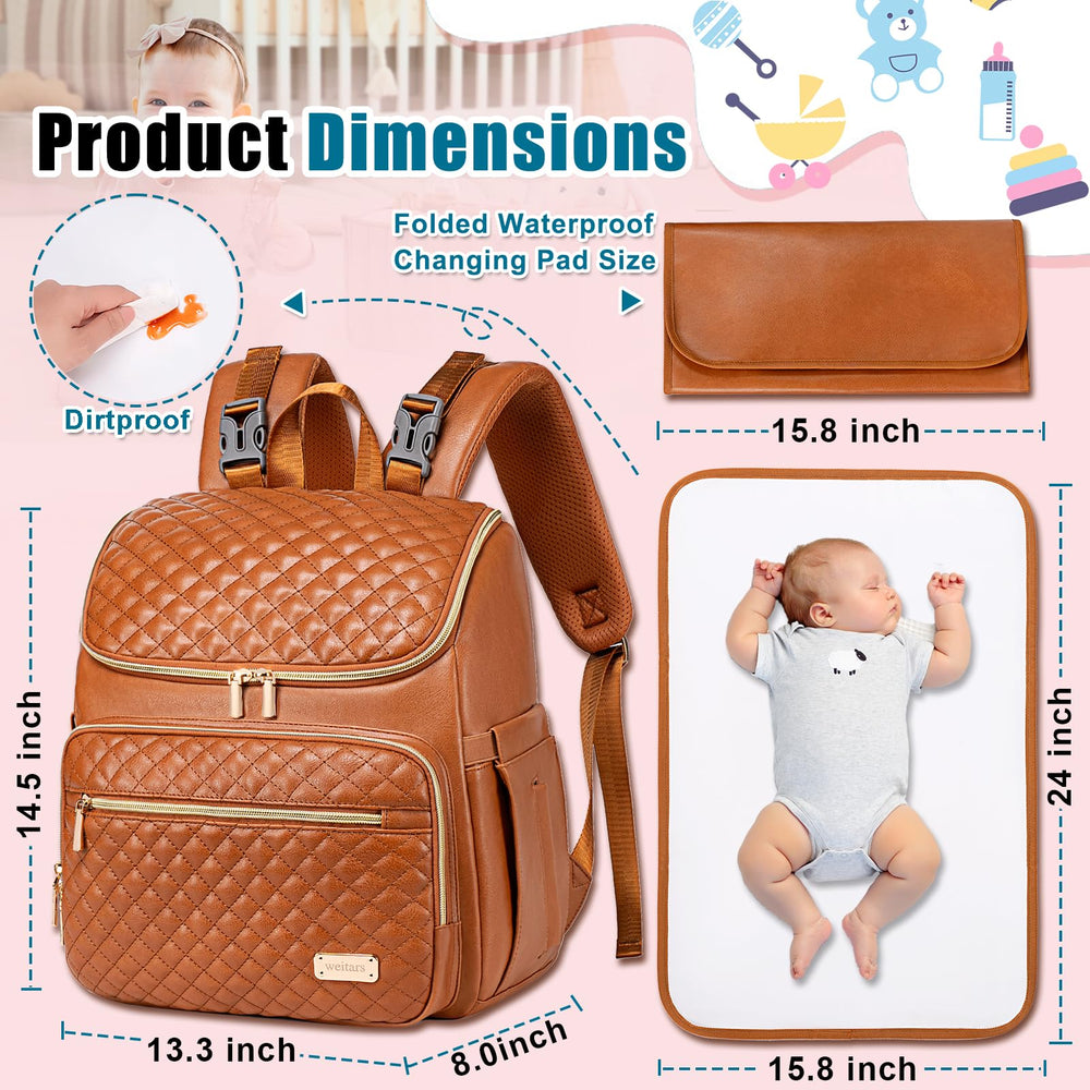 Weitars leather diaper bag backpack back strap view showing hands-free portability for travel.