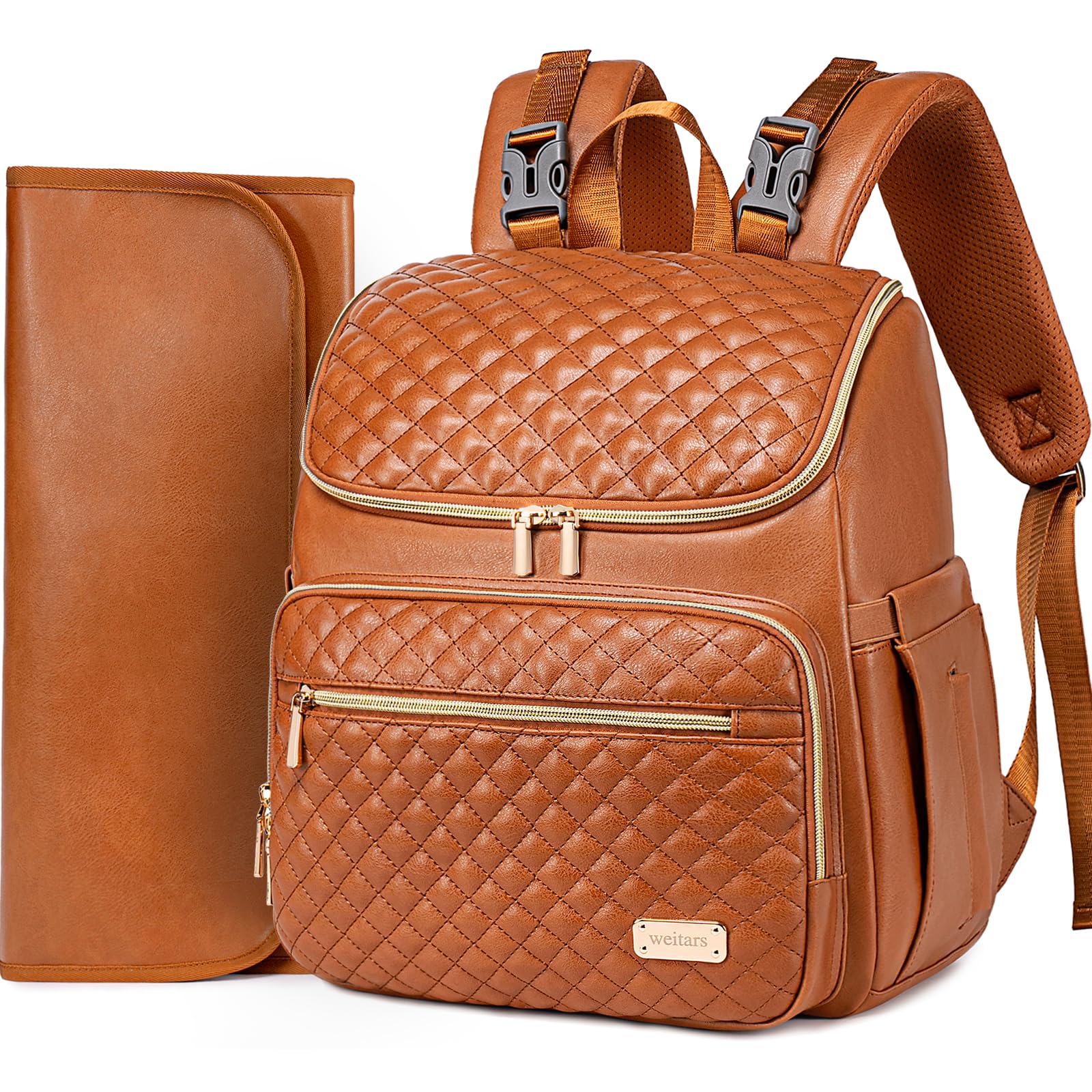Weitars leather diaper bag backpack front view with quick-access pockets for on-the-go changes.