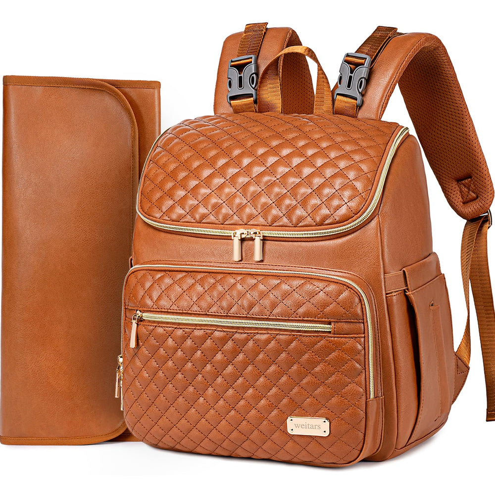 Weitars leather diaper bag backpack front view with quick-access pockets for on-the-go changes.