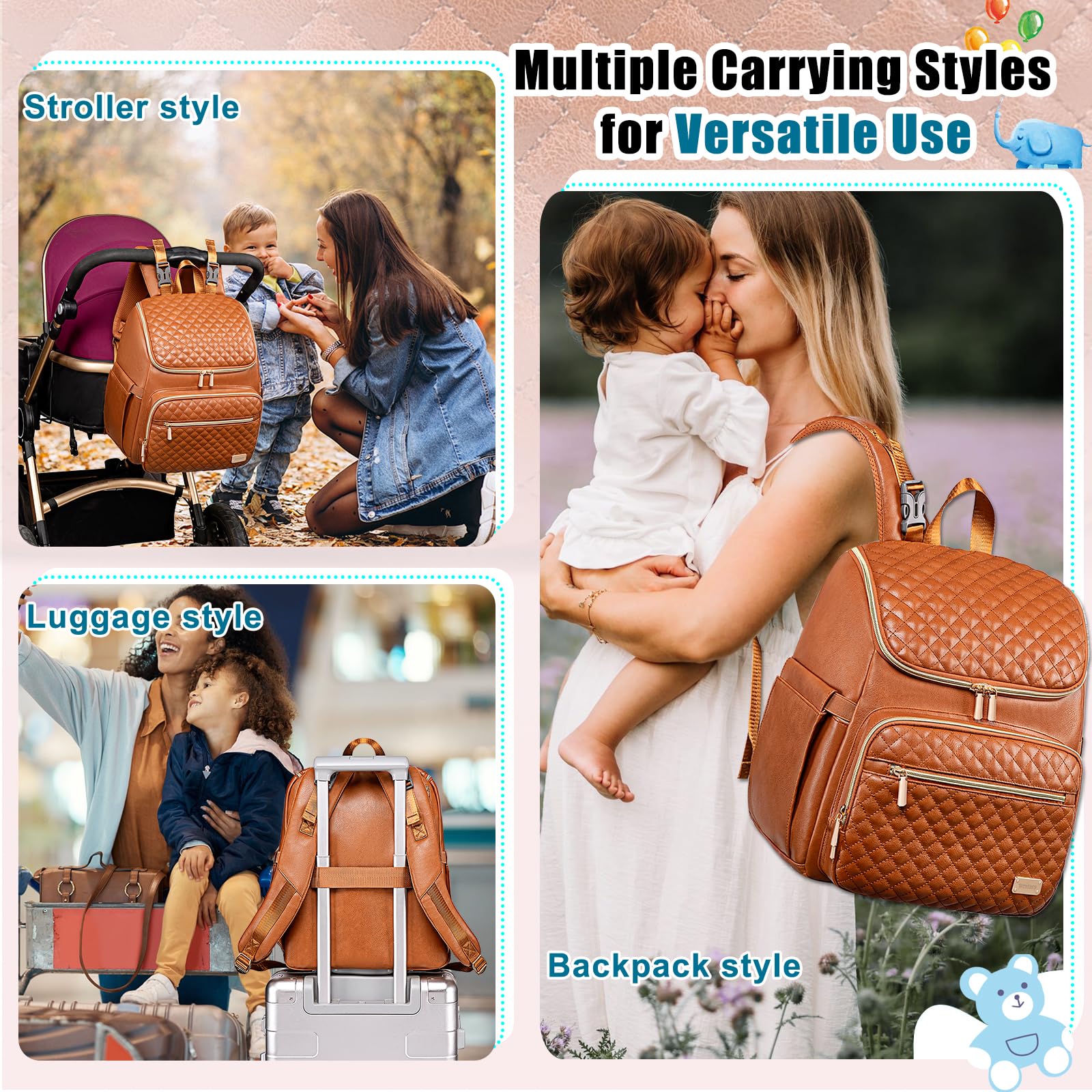 Weitars leather diaper bag stroller straps enable hands-free carrying.