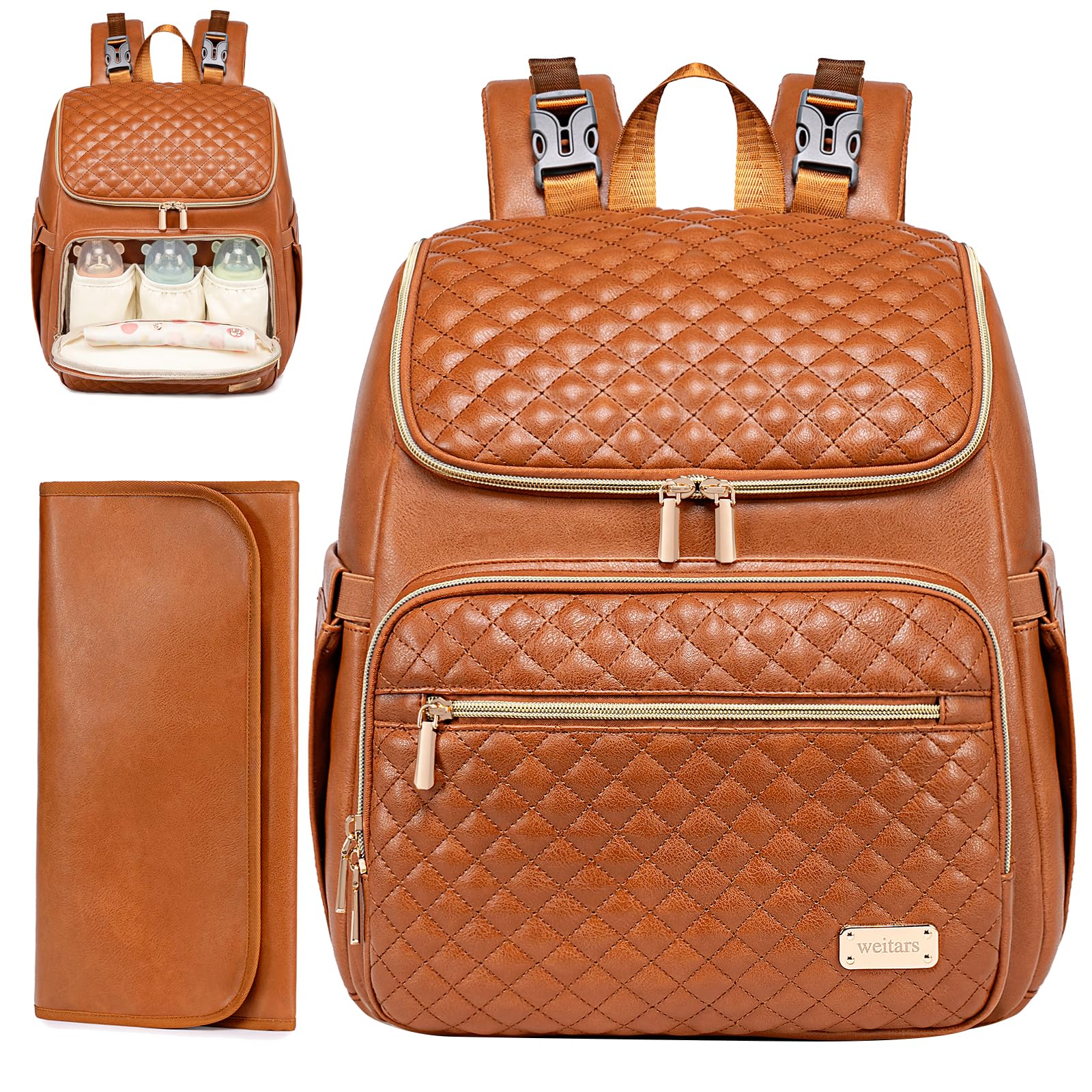 Weitars leather diaper bag quilted detail highlights premium style and durability.
