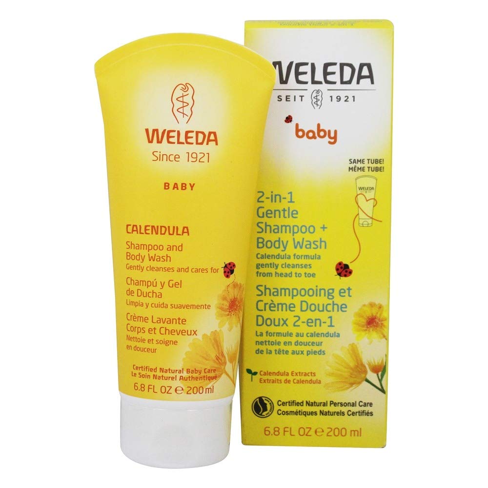 Weleda Calendula Shampoo Body Wash bottle pour for gentle daily cleanse