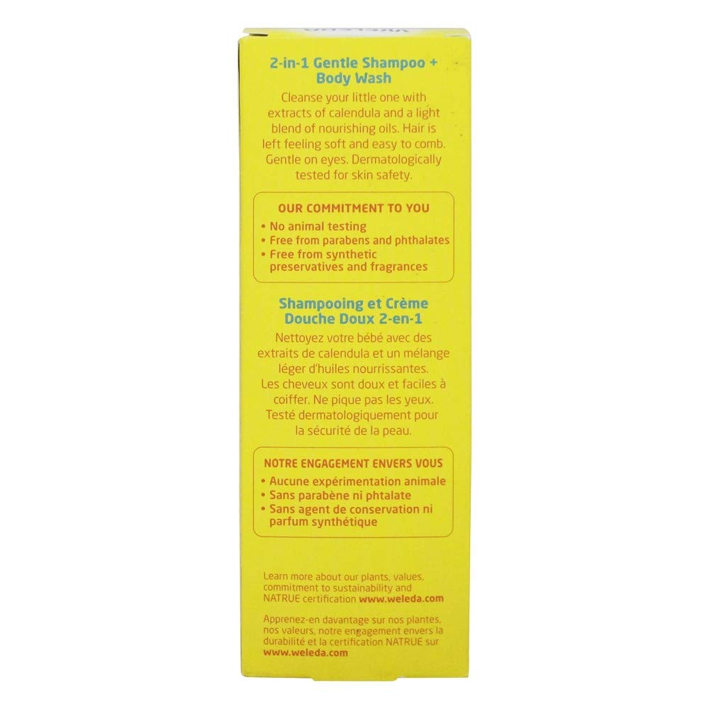 Weleda Calendula Shampoo Body Wash packaging on shelf signals clean, gentle care